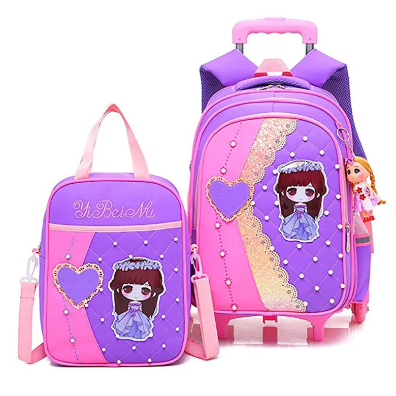 Hot Artikel 6 Räder Polyester abnehmbare Rucksack Spitze Perle Dekor Prinzessin Mädchen Trolley Schult asche