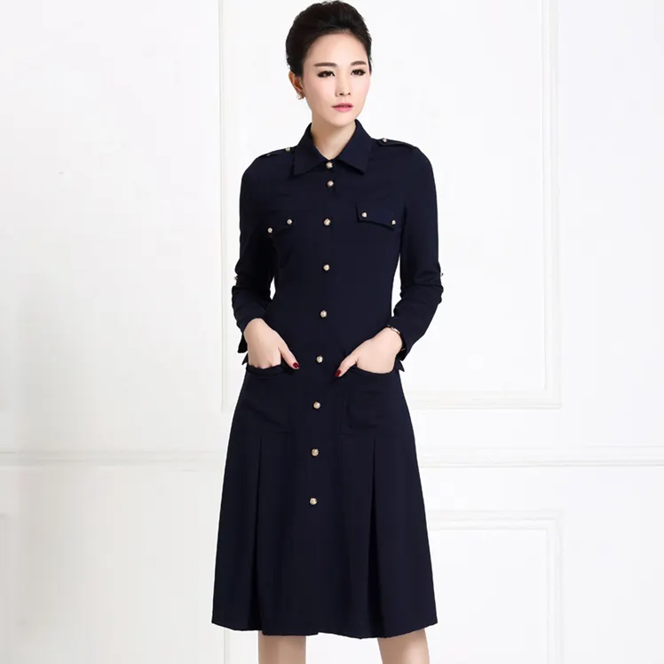 Profession Wholesale Classy Women Dresses Fancy Design Front Ladies Black Button Dress