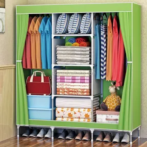 armoire storage organizer with curtain doors 4 cubes+2 hanging sections large space combination wardrobe standing closet