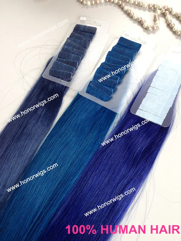 HX95 100% human hair sapphire blue color 20" length silky straight tape hair extension in stock without express charge