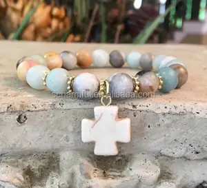 BS20181116-1 Amazonite Bead Stacking Bracelet And Gold Accented Beads with White Cross Turquoise Charm Stretch Bracelet