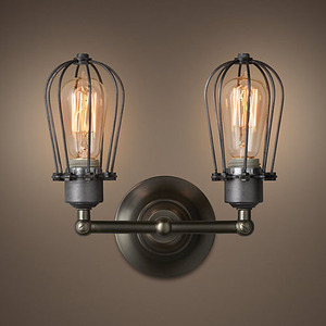 Shinetime Vintage Style 2-lights Industrial Black Mini Wire Cage Wall <strong>Sconce</strong>