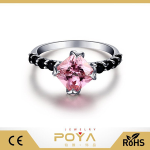 POYA Joyería de Plata Chapado En Diamante Creado <span class=keywords><strong>Espinela</strong></span> Negro Zafiro Rosa Princesa Cut Anillo de Compromiso para Las Mujeres - Product Image 1