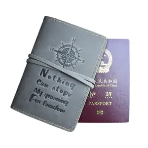 Custom Debossed Compass Travel Vintage Passport Holder Genuine Leather Wholesale Passport Cover with Card Holder Wallet