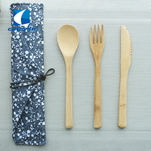 Cathylin-Juego de cubiertos de madera reutilizable, 3 unidades, tenedor, cuchillo, cuchara, bolsa de viaje, portátil, de acero inoxidable, Metal y madera
