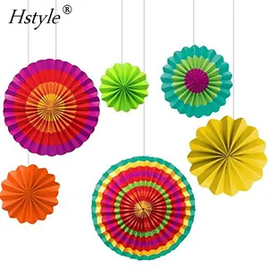 Set of 6 Colorful Paper Fans Round Wheel Pattern Fiesta Design for Parties, Birthdays, Barbecues, Holidays SDS015