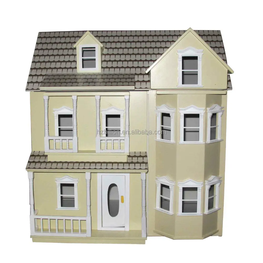 Casa de muñecas clásica de madera, casa de muñecas victoriana amarilla, 3 niveles, juguete para niños