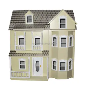 Nouvelle maison de poupée en bois classique jaune maison de poupée victorienne 3 niveaux jouet pour enfants