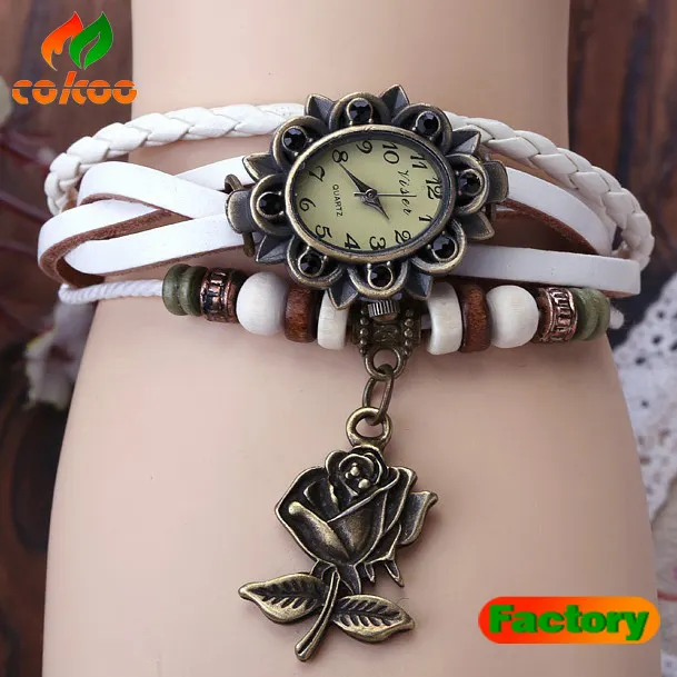 Relógio de pulso feminino vintage, 7 cores disponíveis 2013 nova pulseira de couro genuíno relógio de pulso alto borboleta/folha/flor