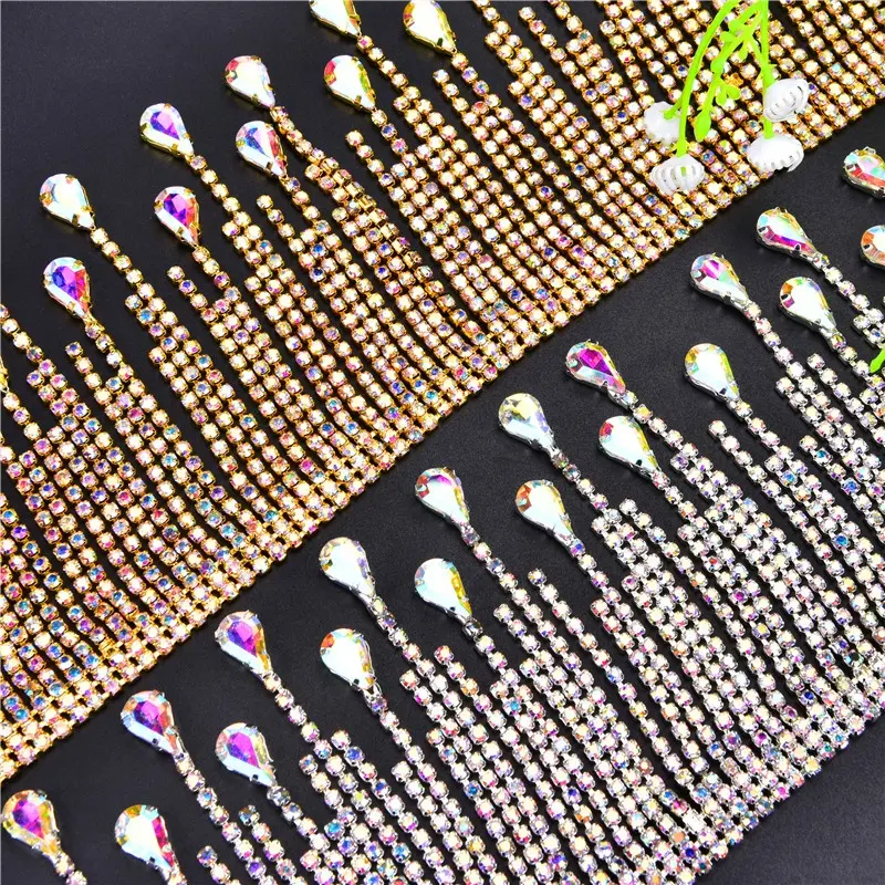 Bling Strass Lange Quaste AB Kristall Teardrop Kette Diamante Gold Basis kette Strass besatz für Tanz kleidung Brautkleid