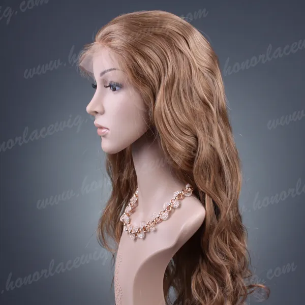 F31 Wig Renda Penuh Warna Coklat Muda #8 NW, Gelombang Alami 22 "22 Inci Panjang 12"-24 ", Wig Ukuran Kecil atau Sedang