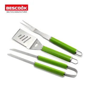 Conjunto de 3 peças de aço inoxidável, ferramentas para churrasco com pintura verde