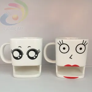 China factory biscuit coffee mugs ceramic pocket mug facial expression souvenir with holder gold supplier