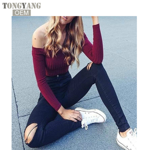 T-Shirt da donna con spalle scoperte <span class=keywords><strong>Top</strong></span> corto da donna a manica lunga tinta unita con collo corto in cotone T-Shirt - Product Image 5