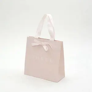 Custom Biodegradable Shopping Happy Birthday Gift Bags Luxury Bow Tie Ribbon Pink Paper Bag