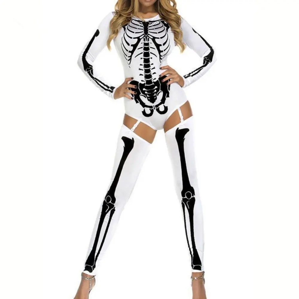 Latest ghost festival adult halloween skeleton sexy costume with garter belt