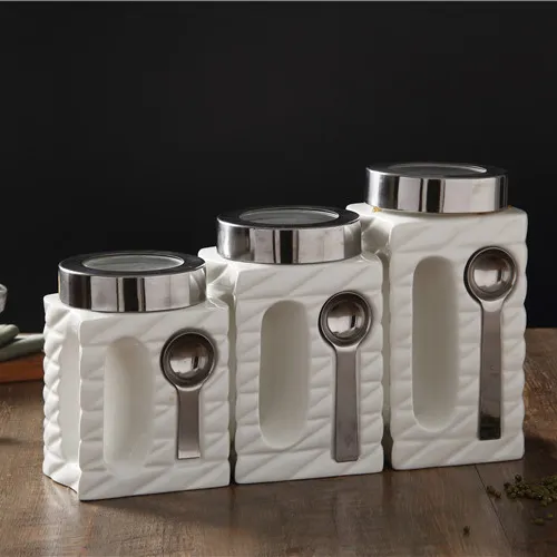 Personalizado de 3 café azúcar especias de porcelana conjunto de recipiente con tapas y cuchara de acero