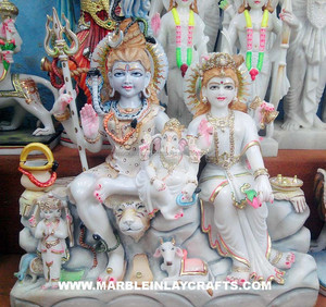 Lüks beyaz mermer Shiv Parivar heykeli, mermer Shiva Parvati ile Ganesha Idols