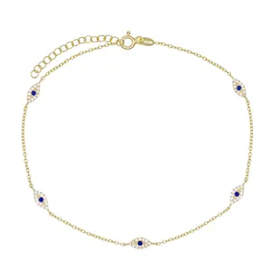 925 Sterling Silver 14K Gold Evil Eye Anklet Beach Jewelry