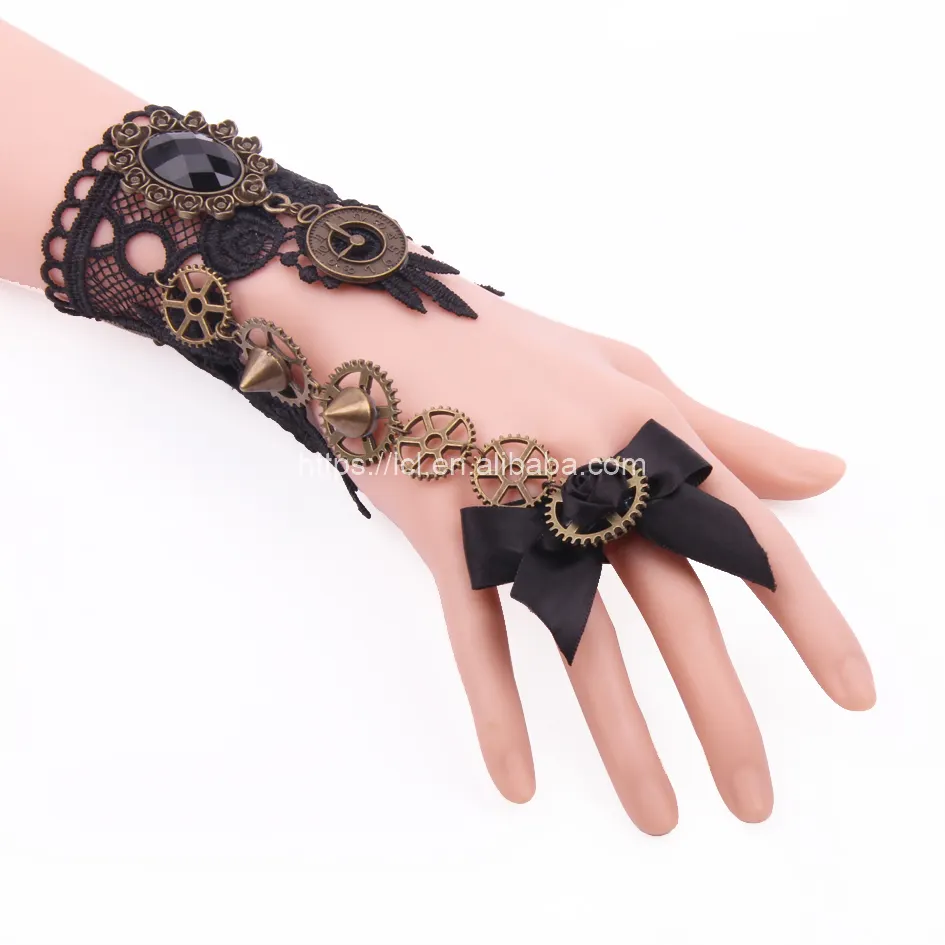 Steampunk Alloy Gear Vintage Retro Lace Hand Chain Women Gothic Hand Ring Bracelet Finger Chain Ring Bracelet