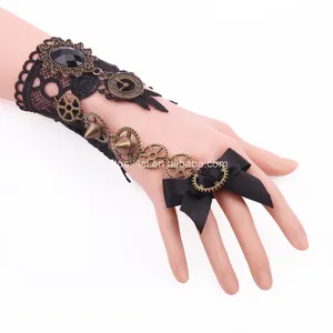 Steampunk กำไลข้อมือโลหะสไตล์ย้อนยุคของผู้หญิง,สร้อยข้อมือห่วงโซ่นิ้วมือสไตล์โกธิคประดับลูกไม้แนววินเทจ