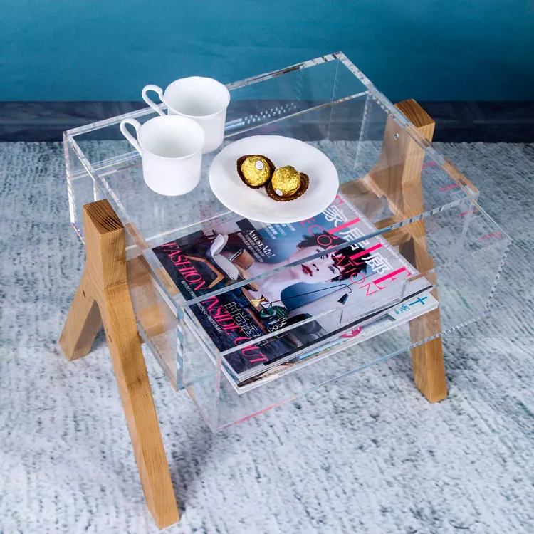 طاولة السرير الحديثة طاولة من الخشب الساقين زجاج عضوي شفاف طاولة مجلس الوزراء درج واضح