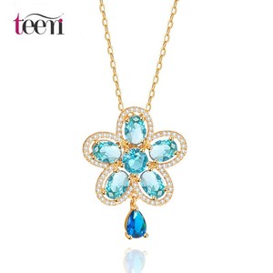 Teemi Wholesale 2015 Verano Nuevo diseño plateado Champange Oro <span class=keywords><strong>Pretty</strong></span> Women Lujo Azul Circonita collar de la flor de la manera - Product Image 1