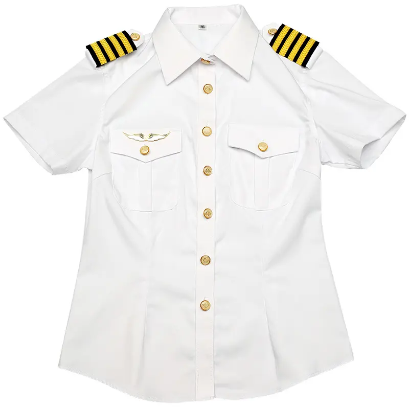 Korte Mouwen Custom Vrouwen Airline Pilot Wit Uniform Shirt Met Epauletten