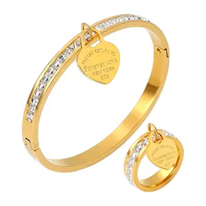 Pulsera de corazón de oro de acero inoxidable para mujer, conjunto de anillo de amor para siempre, joyería de boda de lujo