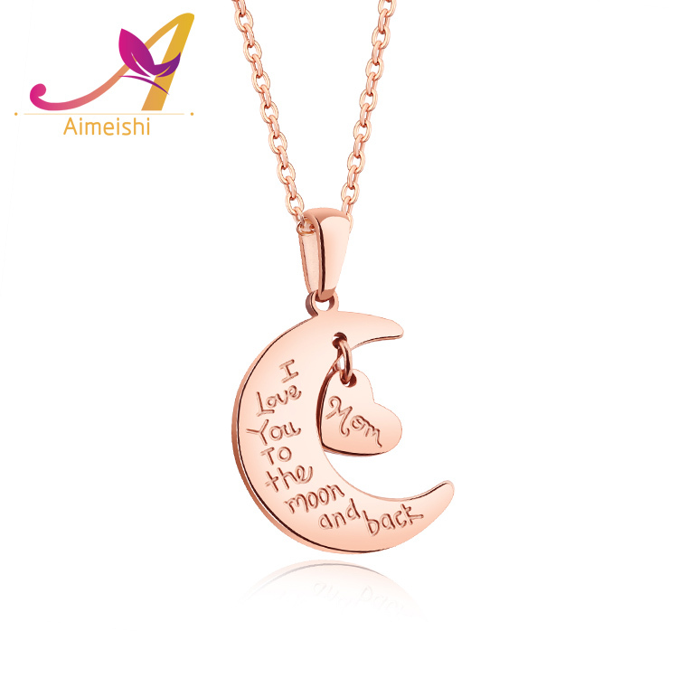 De Acero Inoxidable de la manera de Las Mujeres de Largo Collar Tallado Carta Corazón Mixta Collar de Luna creciente