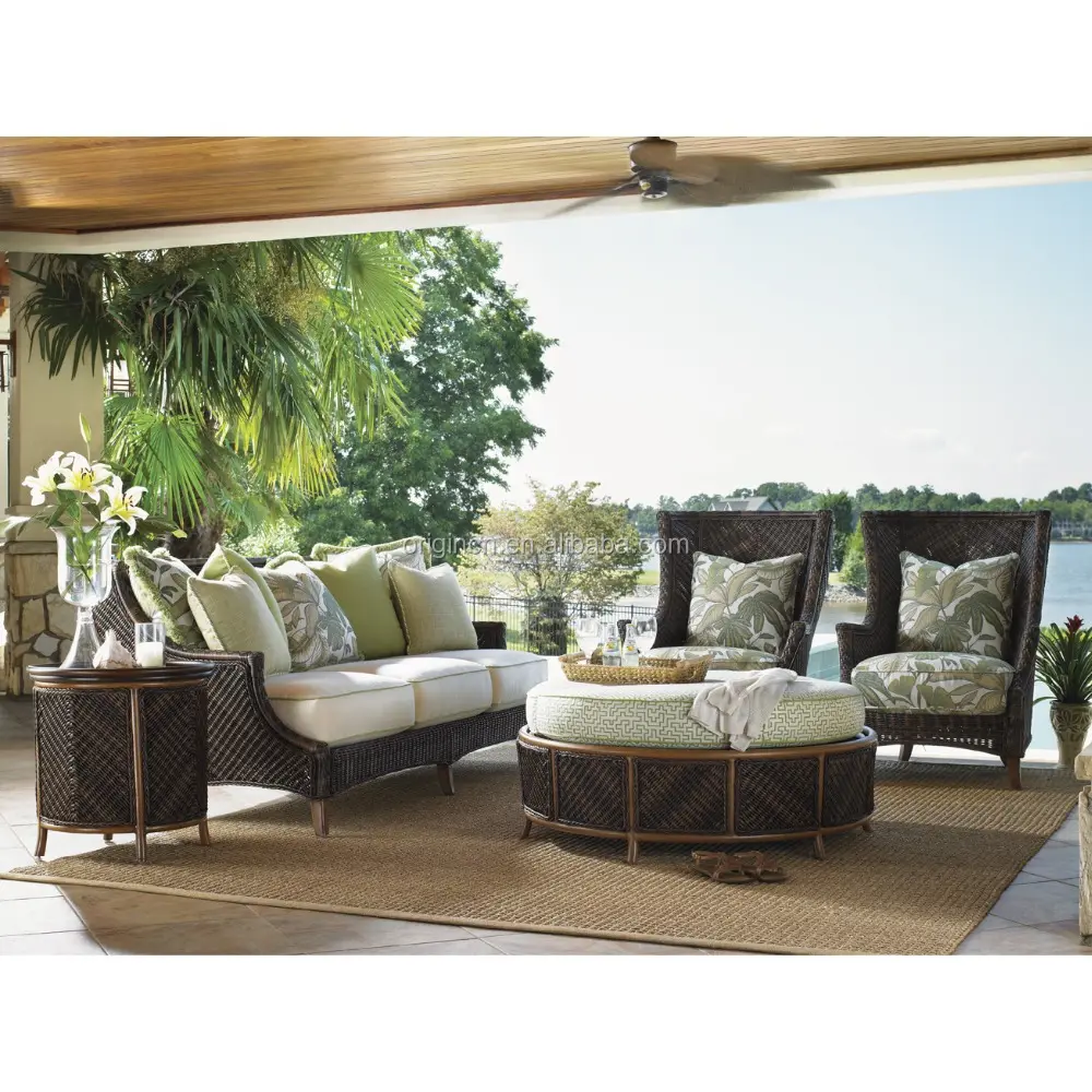 Sofá com design de ilha tropical, mobília para pátio ao ar livre, conjunto de sofás otomanos de vime com 3 lugares, armazenamento
