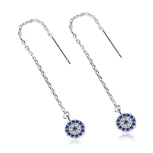 925 sterling silver 18k gold plated blue evil eye long cubic zirconia drop threader earrings for women