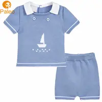 Фабричный OEM хлопковый летний комплект с коротким рукавом, синий вязаный костюм для маленьких мальчиков