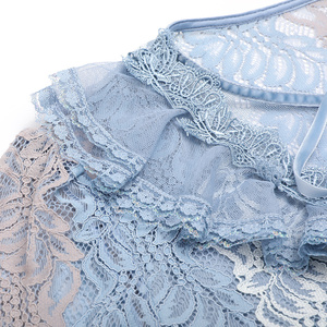 Camicia primavera estate donna Vintage collo a V <span class=keywords><strong>blu</strong></span> Falbala balze camicia a maniche lunghe in <span class=keywords><strong>pizzo</strong></span> Chiffon floreale in Chiffon - Product Image 3