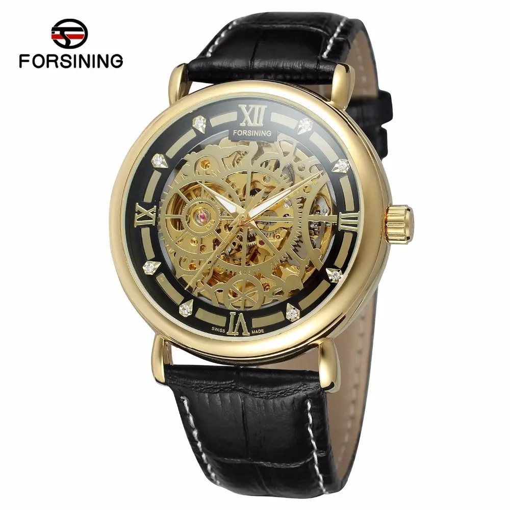 FORSINING Oro Nero Degli Uomini Meccanici Della Vigilanza Montre Homme Orologi Top Brand di Lusso In Pelle VINCITORE di Scheletro di Disegno