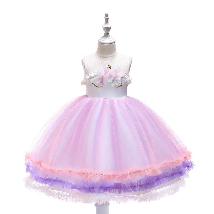 Girls Unicorn Dress Children Summer Birthday Party Net Yarn PengPeng Princess Dress