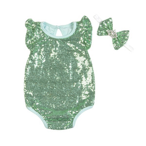 Nouveau élégant paillettes filles robes mignonnes bébé porte vêtements nouveau-né coton barboteuse avec bandeau - Product Image 4