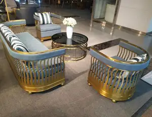 Sofá de luxo de alta qualidade, sofá de sala de estar dourado de aço inoxidável, 3 lugares, sofá de veludo para casa e hotel