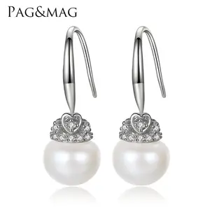 PAG&MAG 925 Sterling Silver Jewelry Cute Crown Shape With 4A 9-9.5mm Natural Pearl Bead Women Earring Wire