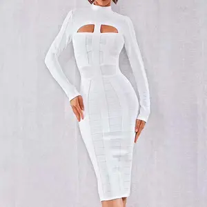 Women White Dress Long Sleeve Cutout Tight Lady Sexy Bandage Dress