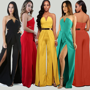 Sexy senza maniche di colore solido delle donne della tuta <span class=keywords><strong>con</strong></span> allentato fessura del lato <span class=keywords><strong>pantaloni</strong></span> e <span class=keywords><strong>pantaloni</strong></span> - Product Image 2