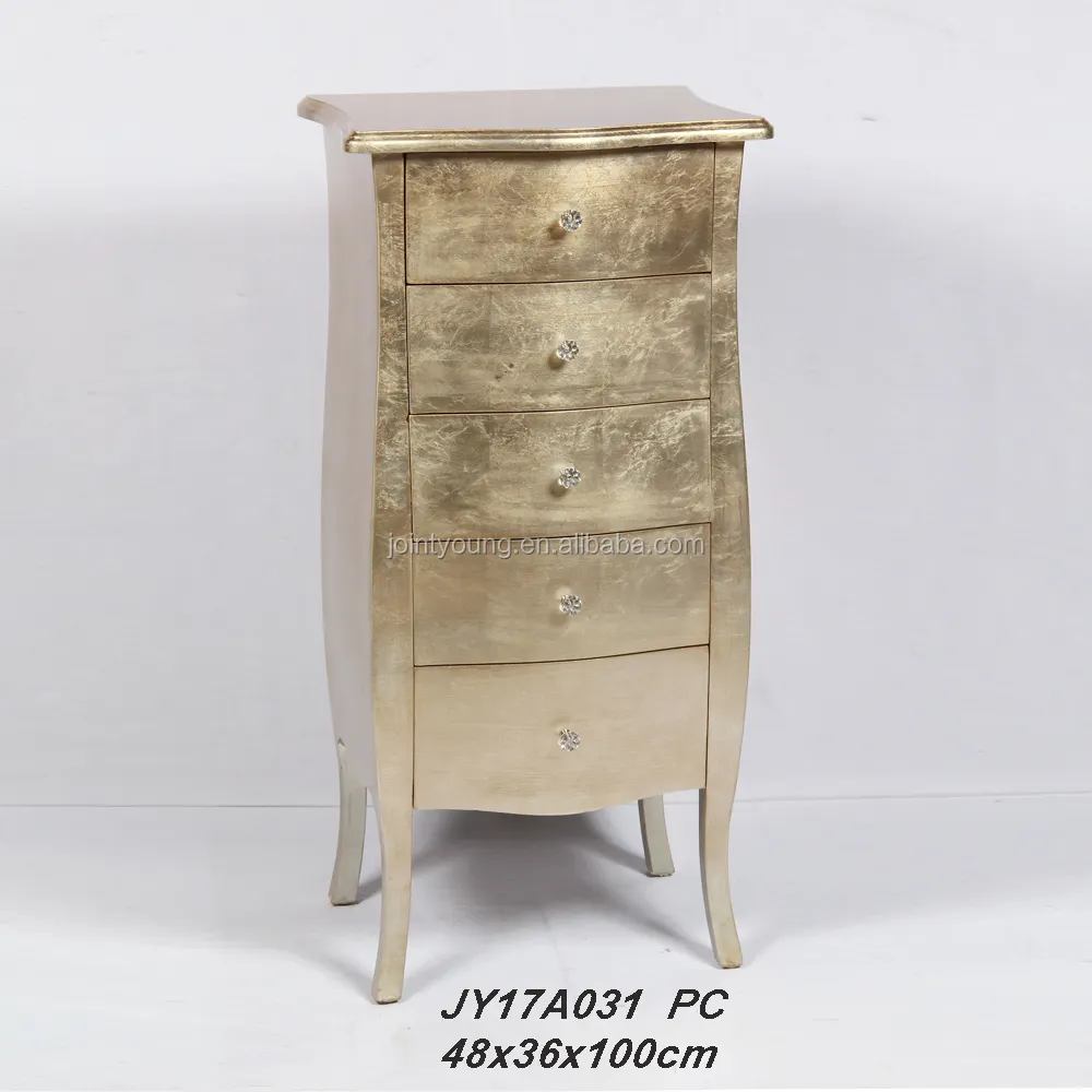 Meubles Vintage au design rétro, cinq tiroirs, armoires en bois, couleur or, feuille d'aluminium, collection