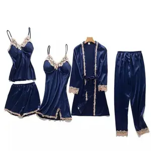 Summer Women Ice Silk 5PCS Sleepwear Set Sexy Strap Top&Shorts&Nighty&Robe&Pants Lingerie Suit Casual Home Clothes Nightwear