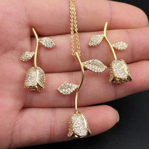 Echsio <span class=keywords><strong>rose</strong></span> cube <span class=keywords><strong>de</strong></span> zircone fleur pendentif et boucle d'oreille 2pcs ensemble pour les femmes amour datant cadeau CN359 - Product Image 4