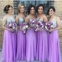A Line Floor Length Chiffon Handmade Beaded Crystals Long Lilac Bridesmaid Dresses With Straps