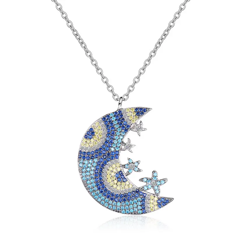 Fashion Women Mandala 925 Sterling Silver Zircon Diamond Moon And Star Jewelry Pendant Necklace