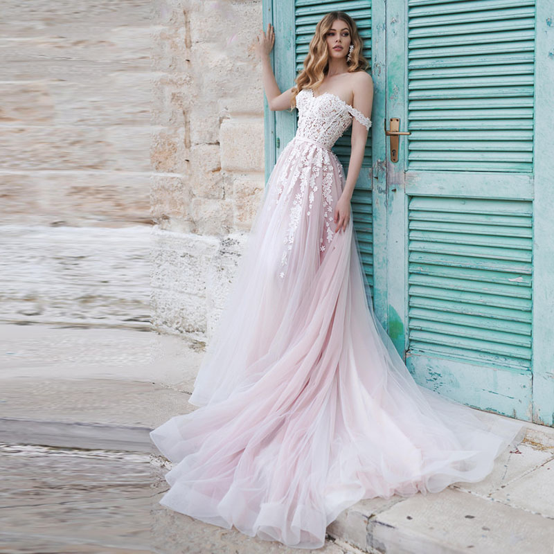 Boho Wedding Dresses with Pink Tulle Appliques & Lace Boho Wedding Dresses with Pink Tulle Appliques & Lace