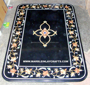 Handcrafted Marble Inlay Dining Table Top With Pietra Dura Art - Product Image 1