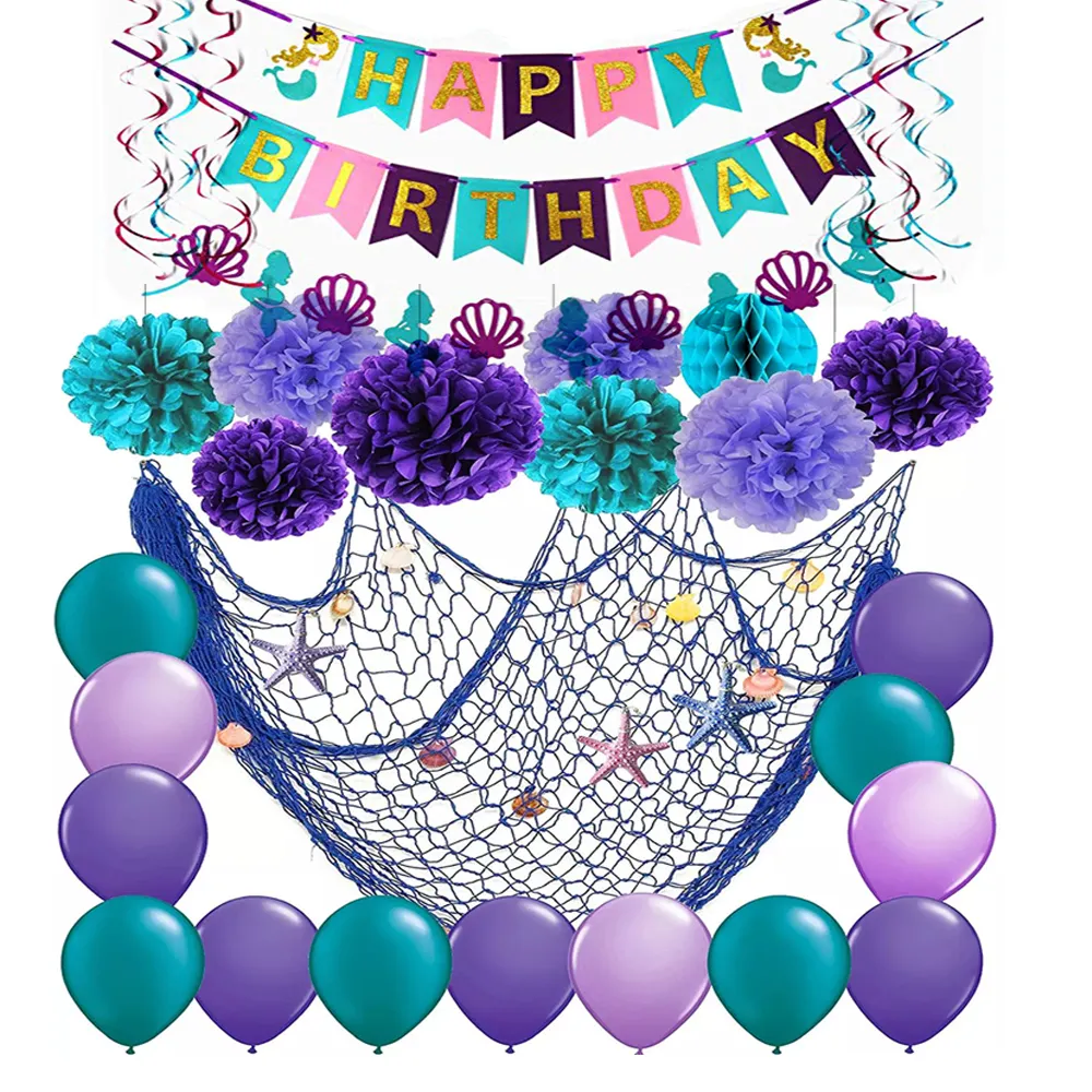 Mermaid Party Supplies Happy Birthday Banner Fish NetとShell Decors Mermaid Party Balloons