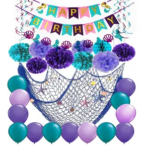 Mermaid Party Supplies Happy Birthday Banner Fish Net with Shell Decors Mermaid Party Balloons